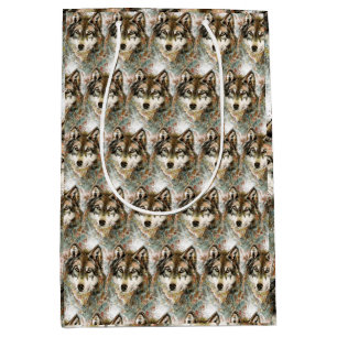 Watercolor Wolf Head Grey Black White Colors Medium Gift Bag