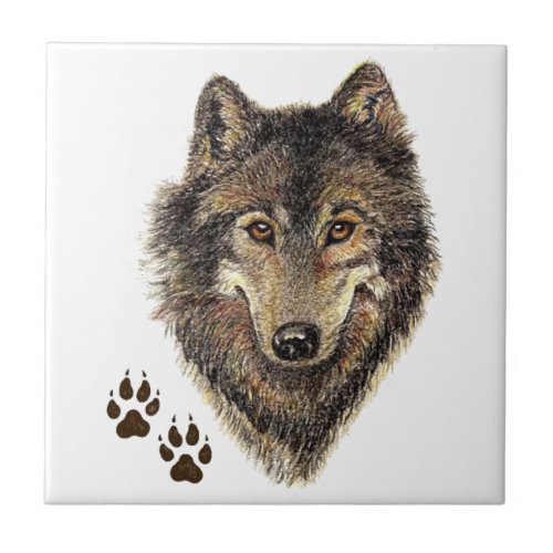 Watercolor Wolf Head Logo  Tracks Canis Lupis Ceramic Tile