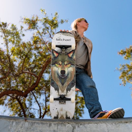 Watercolor Wolf Head Warm Tones Monogram Skateboard
