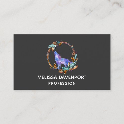 Watercolor Wolf Howling in a Boho Style Wreath Bus Business Card