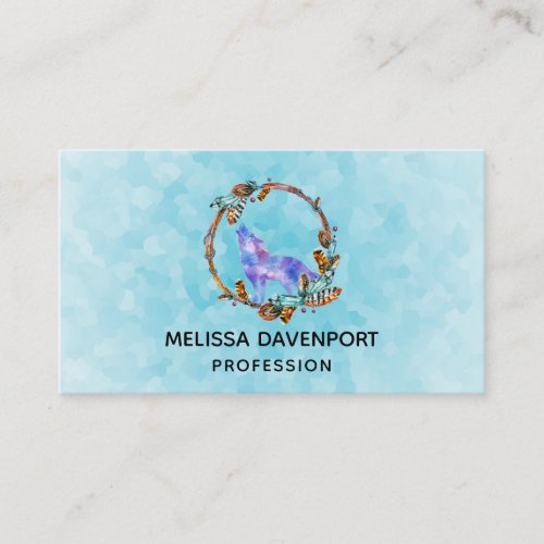 Watercolor Wolf Howling in a Boho Style Wreath Bus Business Card