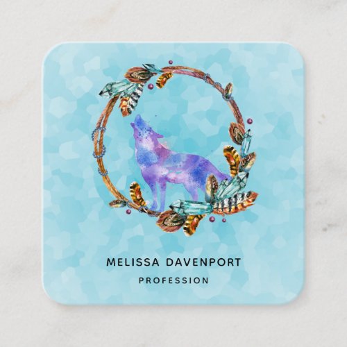 Watercolor Wolf Howling in a Boho Style Wreath Bus Square Business Card