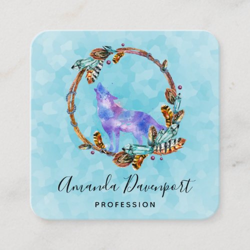 Watercolor Wolf Howling in a Boho Style Wreath Bus Square Business Card