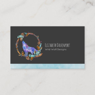 Watercolor Wolf Howling in a Boho Style Wreath Business Card