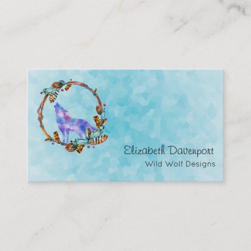 Watercolor Wolf Howling in a Boho Style Wreath Business Card