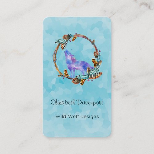 Watercolor Wolf Howling in a Boho Style Wreath Business Card