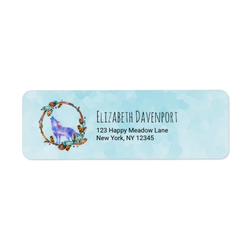 Watercolor Wolf Howling in a Boho Style Wreath Label