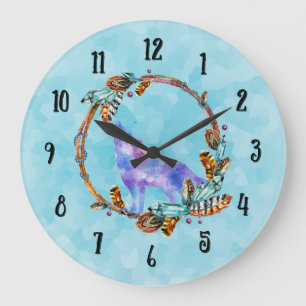 Watercolor Wolf Howling in a Boho Style Wreath Large Clock