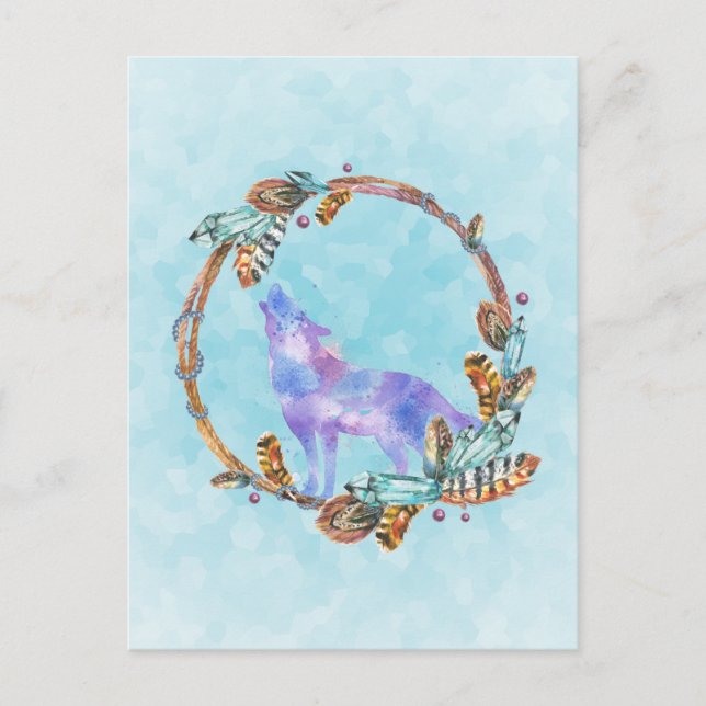 Watercolor Wolf Howling in a Boho Style Wreath Postcard (Front)