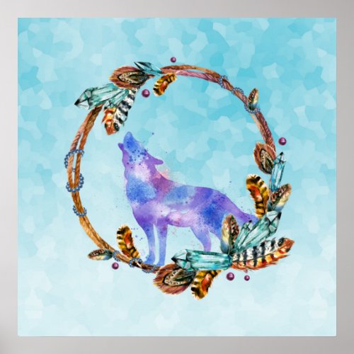 Watercolor Wolf Howling in a Boho Style Wreath Poster