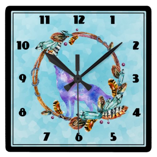 Watercolor Wolf Howling in a Boho Style Wreath Square Wall Clock