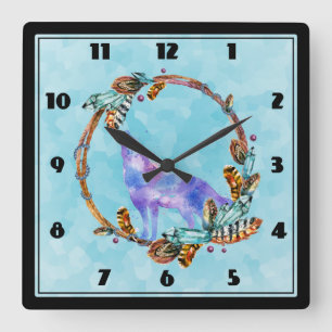 Watercolor Wolf Howling in a Boho Style Wreath Square Wall Clock
