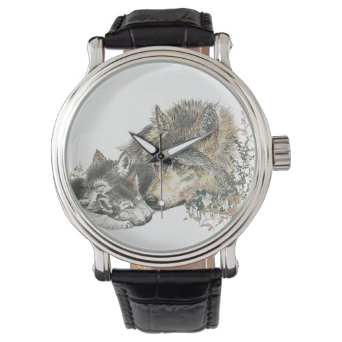 Watercolor Wolf Mom  Cub Animal Nature Art Watch