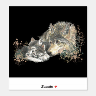 Watercolor Wolf Mom or Dad with Cubs Sticker