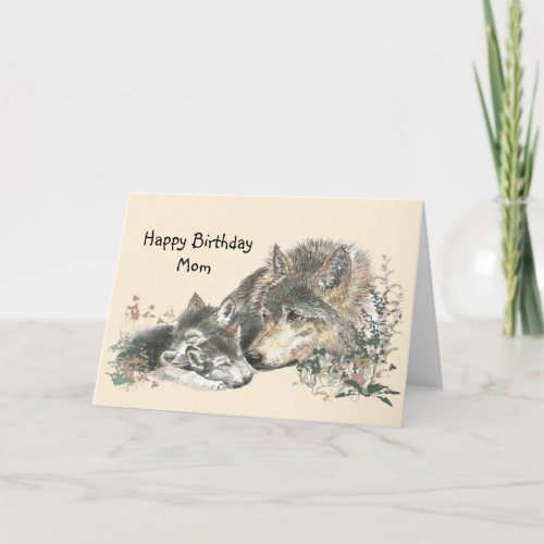Watercolor Wolf Mother  Cubs Mom Birthday Card