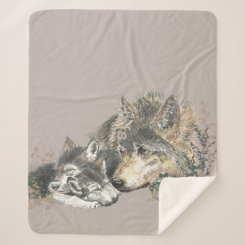 Watercolor Wolf Mother Father Parent  Cub   Sherpa Blanket