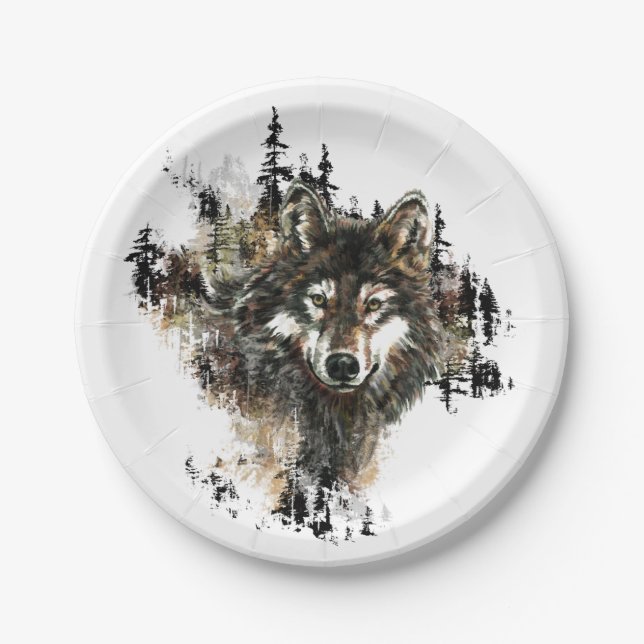 Watercolor Wolf Mountain Animal Art Paper Plates (Front)