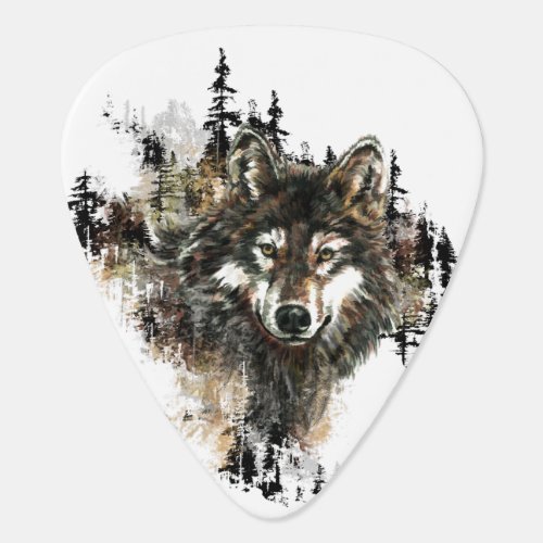 Watercolor Wolf Mountain Animal Nature art Guitar Pick
