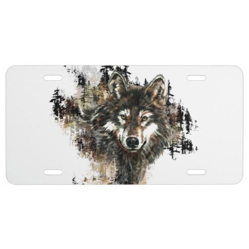 Watercolor Wolf Mountain Animal Nature art License Plate