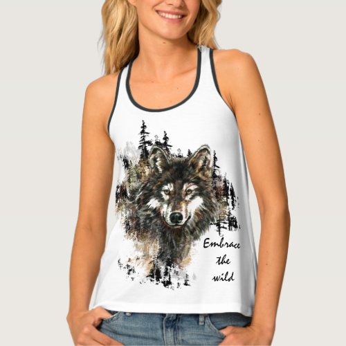Watercolor Wolf Mountain Embrace the Wild Quote Tank Top