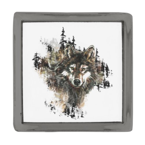Watercolor Wolf Mountain Wilderness Animal Art Gunmetal Finish Lapel Pin