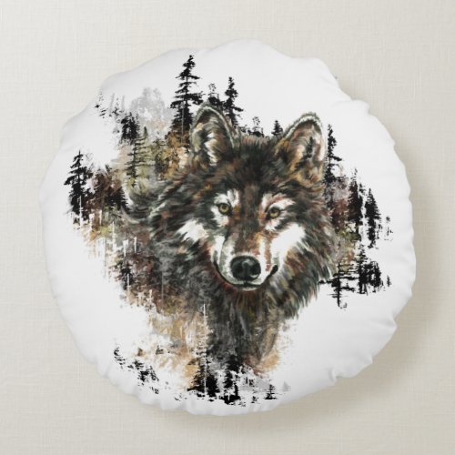 Watercolor Wolf Mountain Wilderness Animal Art Round Pillow