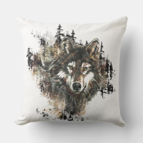 Watercolor Wolf Mountain Wilderness Animal Art Throw Pillow