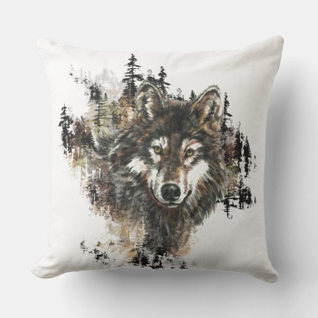 Watercolor Wolf Mountain Wilderness Animal Art Throw Pillow (Front)