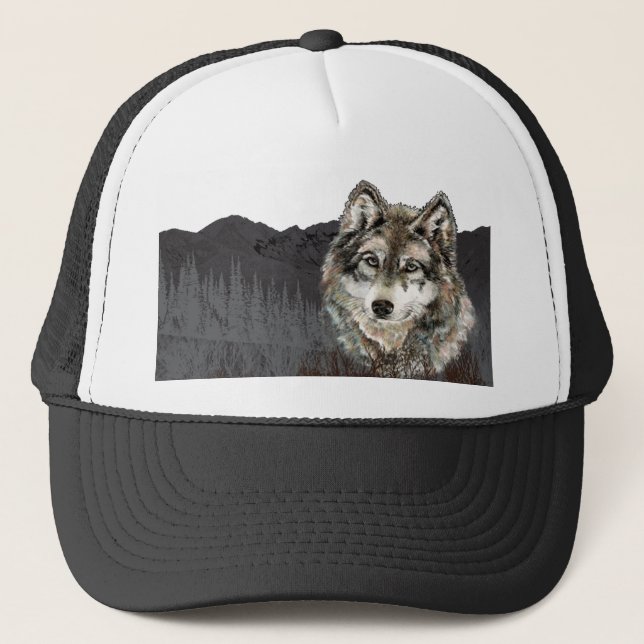 Watercolor Wolf Mountain Wildlife Animal Nature  Trucker Hat (Front)