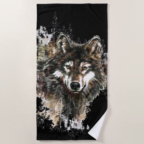 Watercolor Wolf Mountain Wildlife Nature Art Beach Towel