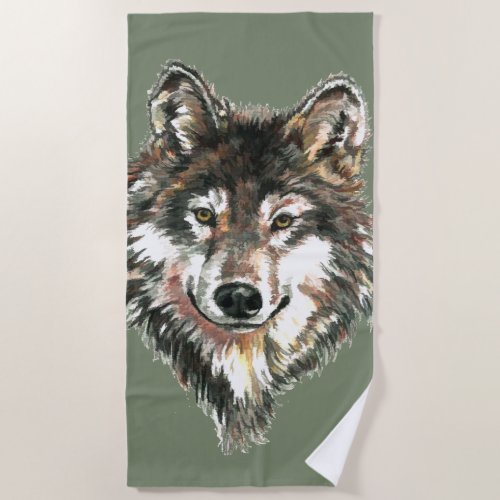 Watercolor Wolf Nature Art Beach Towel