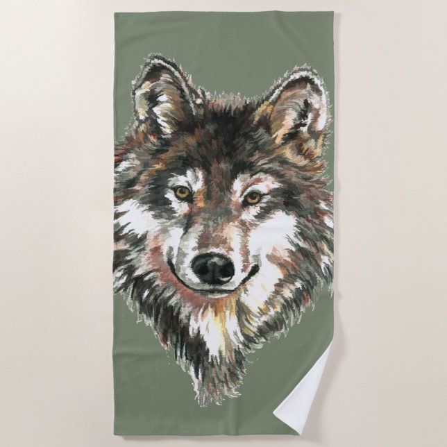 Watercolor Wolf Nature Art Beach Towel (Front)