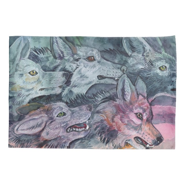 Watercolor Wolf Pack Pillow Case (Back)