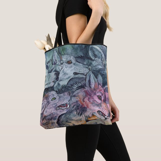 Watercolor Wolf Pack Tote Bag (Close Up)
