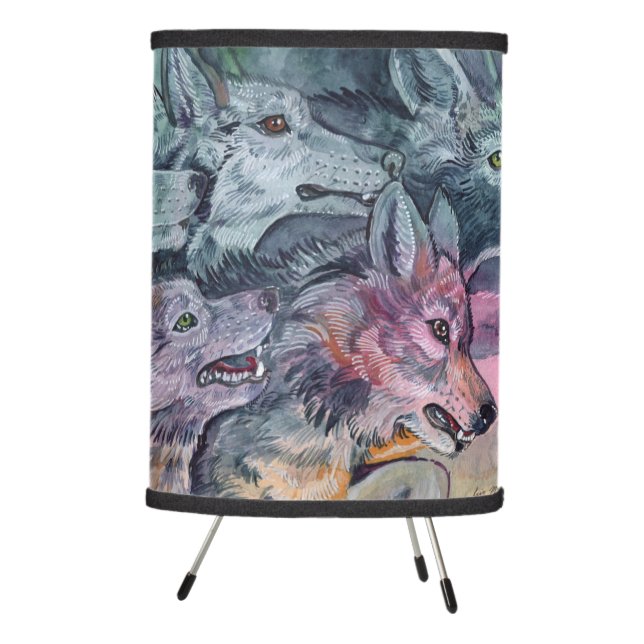 Watercolor Wolf Pack Tripod Lamp (Right)