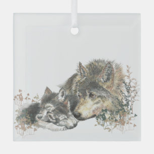 Watercolor Wolf Parent & Cub Wildlife Nature Art Glass Ornament