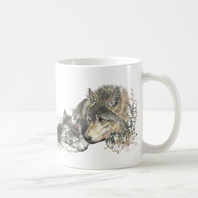 Watercolor Wolf Parent Cubs Coffee Mug (Right)