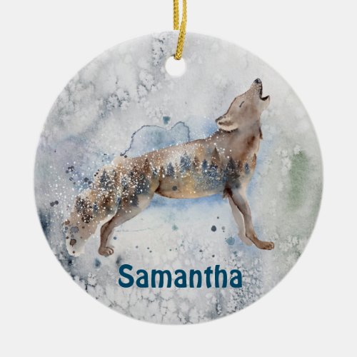 Watercolor Wolf Personalized Winter Ceramic Ornament