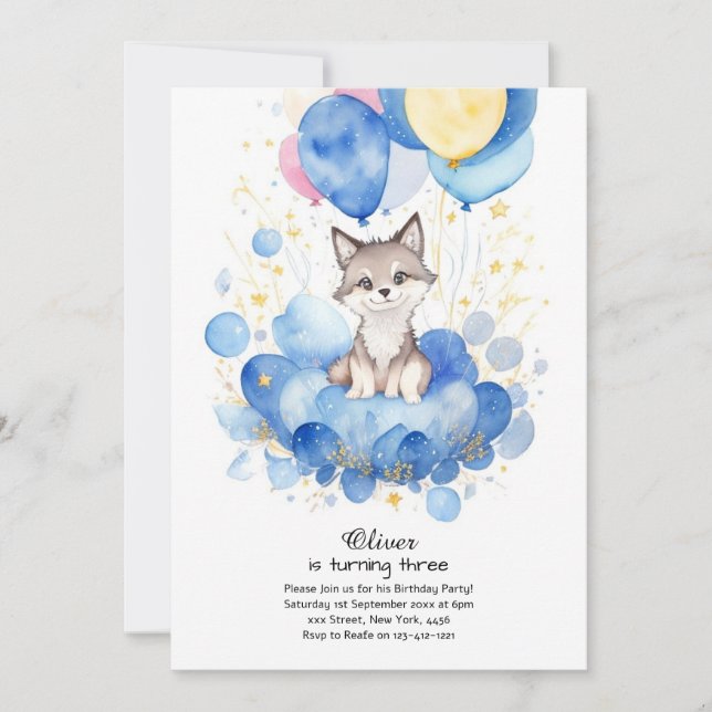 Watercolor Wolf Pup Birthday Invitation (Front)