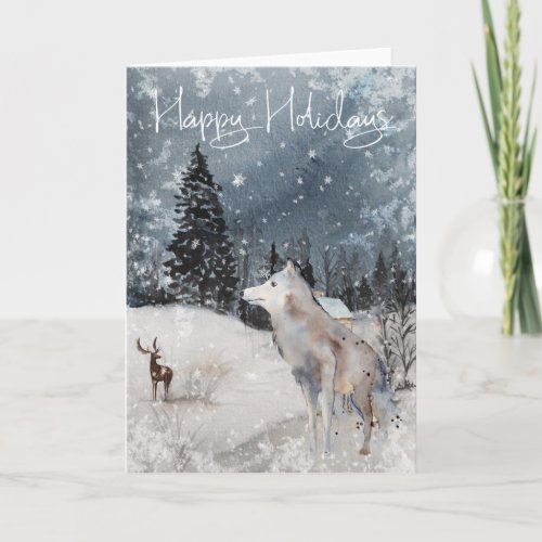 Watercolor Wolf  Snow Landscape Cabin Card