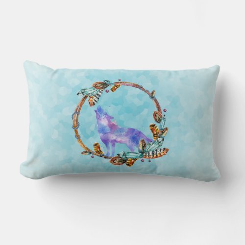 Watercolor Wolf Standing in a Boho Style Wreath Lumbar Pillow