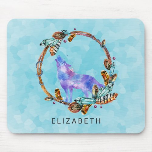 Watercolor Wolf Standing in a Boho Style Wreath Mouse Pad