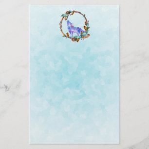 Watercolor Wolf Standing in a Boho Style Wreath Stationery