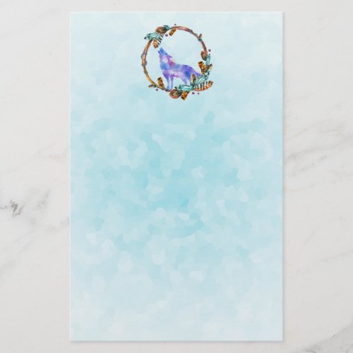 Watercolor Wolf Standing in a Boho Style Wreath Stationery