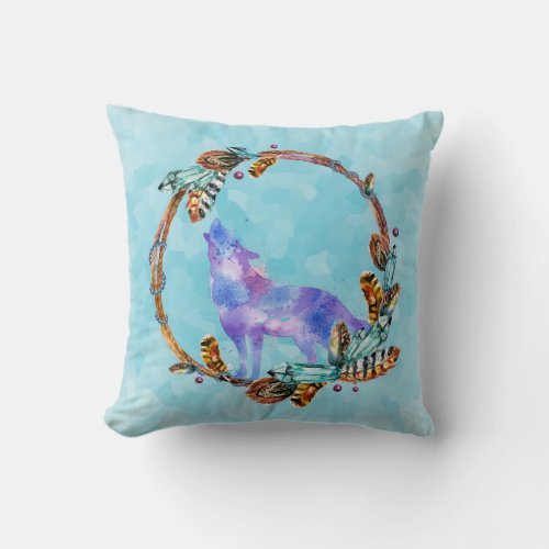 Watercolor Wolf Standing in a Boho Style Wreath Throw Pillow