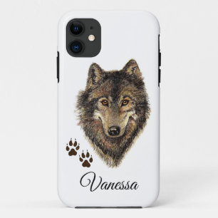 Watercolor Wolf & Tracks Custom Name iPhone 11 Case