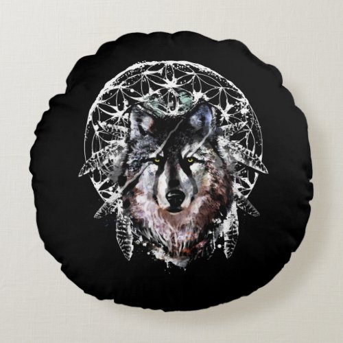 Watercolor Wolf Wild Spirit Animal Round Pillow