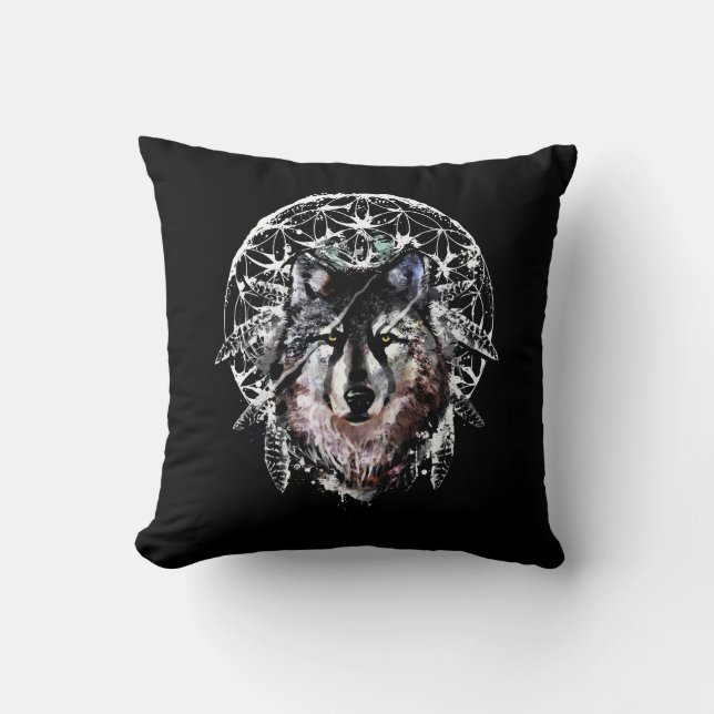 Watercolor Wolf Wild Spirit Animal Throw Pillow (Front)