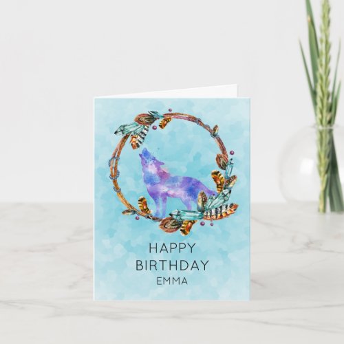 Watercolor Wolf with a Boho Style Wreath Birthday Card