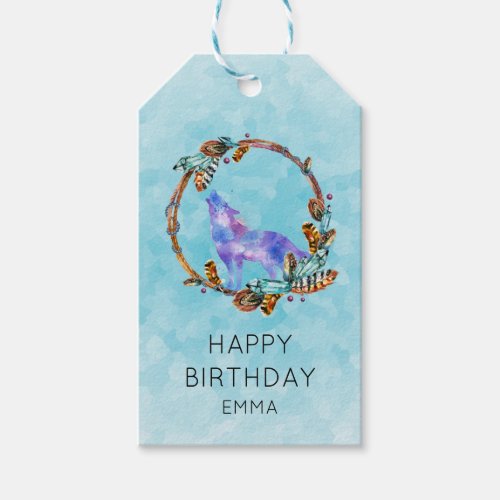 Watercolor Wolf with a Boho Style Wreath Birthday Gift Tags